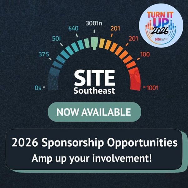 A graphic showing a gauge and text announcing that 2026 SITE Southeast sponsorship opportunities are now available. Amp up your involvement!