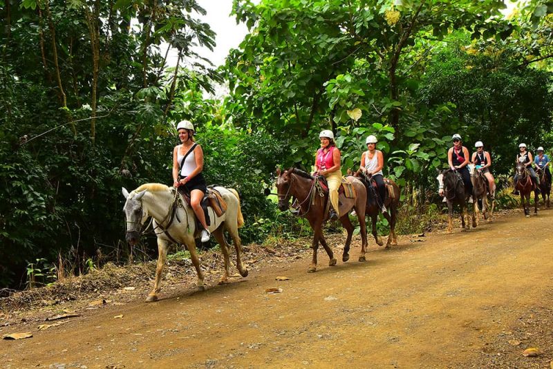 Group of people horseback riding on a dirt trail through a lush green forest.